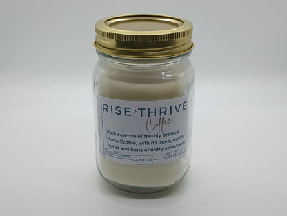Rise + Thrive Coffee 12oz Mason Jar Cotton ResilScents Aroamtic Candles aromatherapy Charity donations Hand-poured Home Decor Homemade Long-lasting ResilScents Soy Candle Candle
