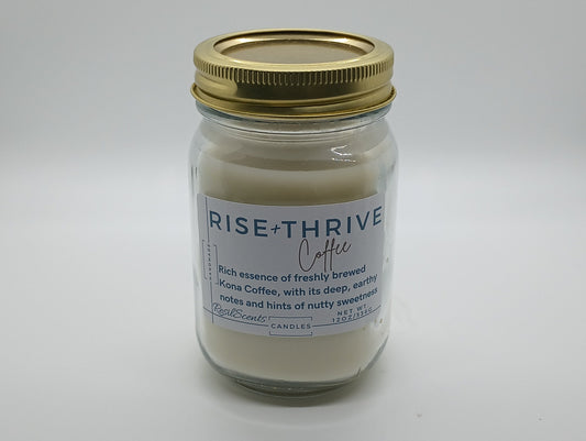 Rise + Thrive Coffee 12oz Mason Jar Cotton ResilScents Aroamtic Candles aromatherapy Charity donations Hand-poured Home Decor Homemade Long-lasting ResilScents Soy Candle Candle